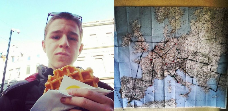 Courtesy photo: (Left) Unger enjoying some Belgian Waffles in Brussels during his gap year in Europe. (Right)Mark and Carson carefully planned out their itinerary before heading to Europe.