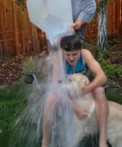 DHS Junior Mitchell Williams takes part on the ALS Ice Bucket Challenge with help from his mother, father, and dog; then posted the video on social networking sites.