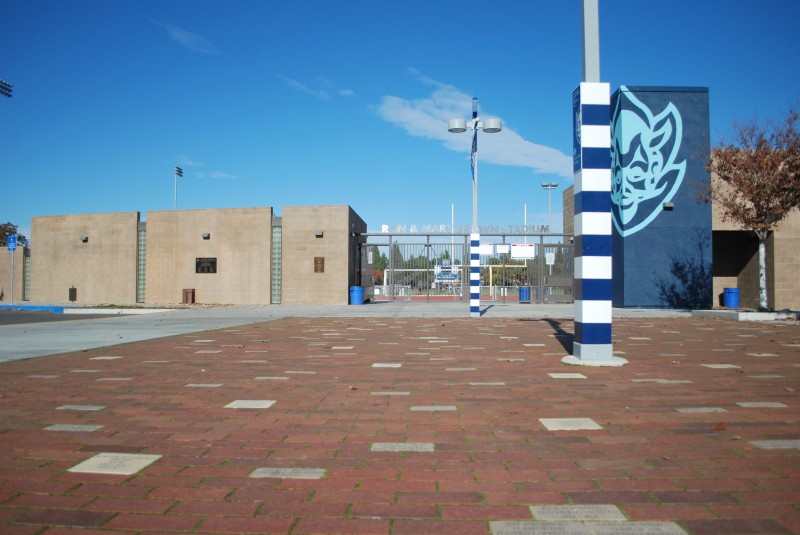 The customized bricks outside of Ron and Mary Brown Stadium are for sale. Photo by Sarah Garrett.