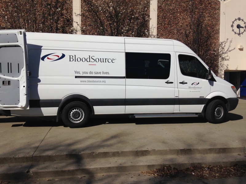 The blood drive trucks were parked outside the South Gym. 