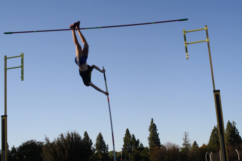 Senior Nate Harper tries to clear the pole vault at a meet earlier this year. Harper vaulted 14' to win on April 8. Photo by Zoe Vikstrom. 