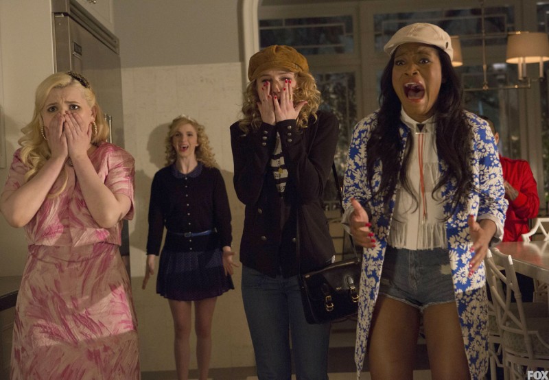 From left to right: Chanel Number Two (Abigail Breslin), Tiffany (Whitney Meyer), Grace (Skyler Samuels) and Zayday (Keke Palmer) scream after witnessing a prank gone murderously wrong.