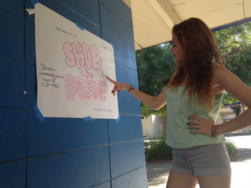 Junior Emily Eigenheer looks at one of the various Freedom From Hunger shoe drive posters hung around the DHS campus.