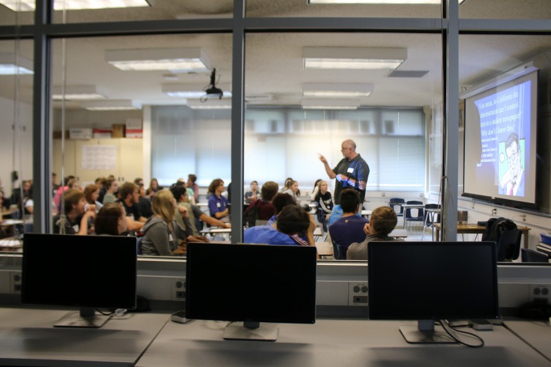 Granite Bay adviser Karl Grubaugh gives a talk to students on Saturday at the journalism workshop.