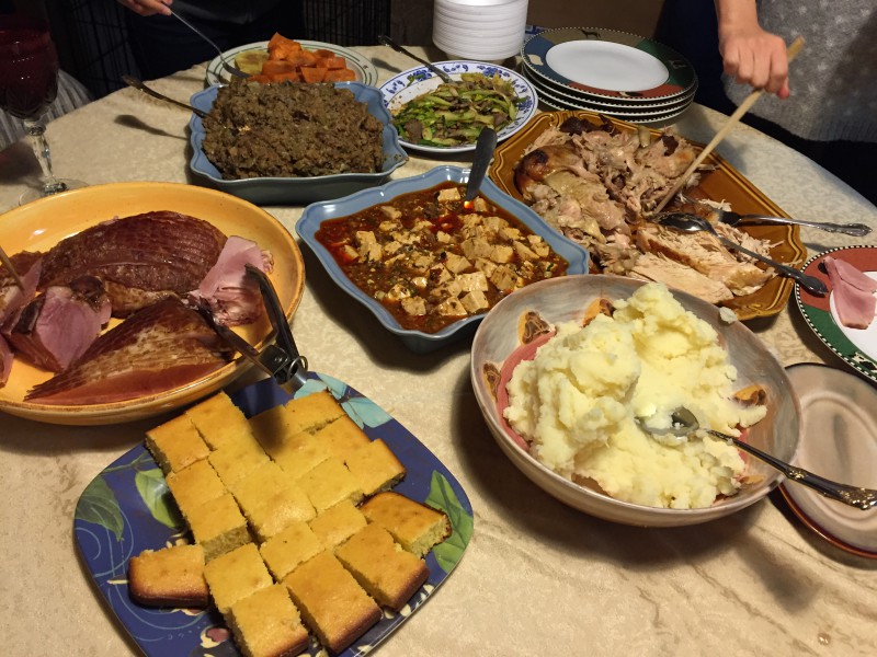 Thanksgiving dinners for families who have roots in other countries often have a mix of Thanksgiving dishes like traditional mashed potatoes as well as a mapo tofu dish. 