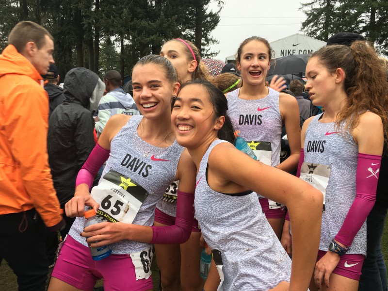 The women's team celebrates after placing second in the country at NXN. (Courtesy photo: R. Chu)