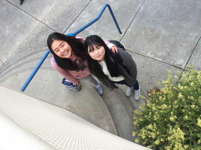 Sophomore Myungji Kim (on the right) has the support of friends, such as JuHye Mun, who make the language and cultural barrier less formidable. 