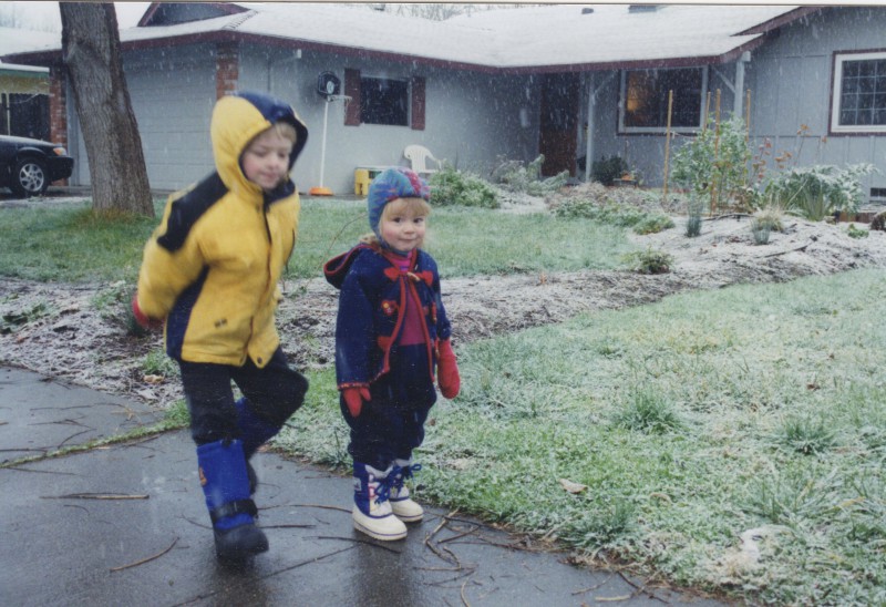 Claire Bachand and her brother Nicholas Bachand play in the snow on January 28th, 2002. Courtesy photo by Claire Bachand.