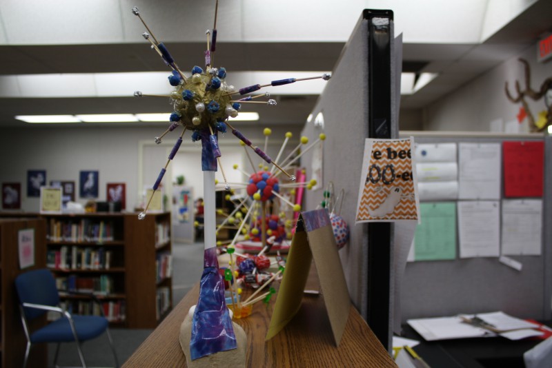 Student artwork is displayed in the library at DSIS.