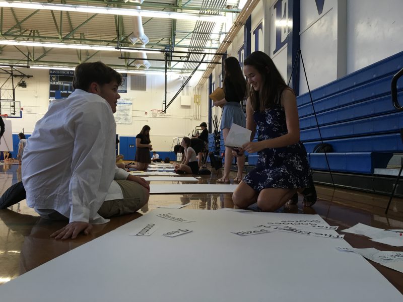 RSJ students prepare for the symposium by cutting out and pasting their information and graphs and other visuals to poster boards.