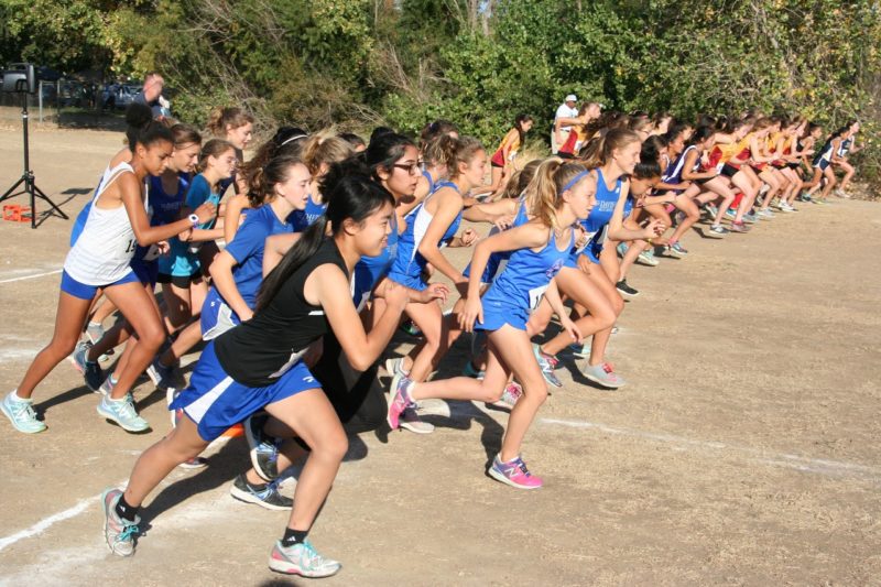 Frosh/soph women take off to their win at the Delta League Center meet.