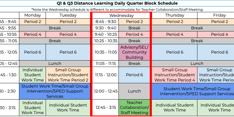 Q1 & Q3 distance learning daily quarter block schedule