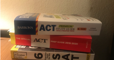 Three workbooks stacked on a desk: the Barron's ACT premium study guide, The Official ACT Prep Guide 2019-20 and the Princeton Review SAT 2017