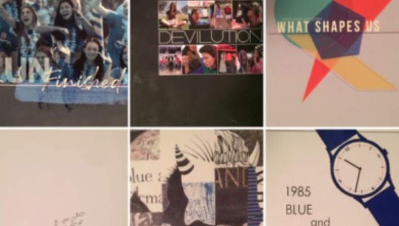 A collage of six previous Davis High yearbook covers