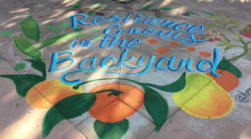 A painted mural reading "resilience grows in the backyard"