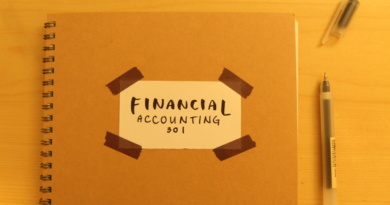 A spiraled notebook titled Financial Accounting 301 and an uncapped gel pen splayed out on a desk