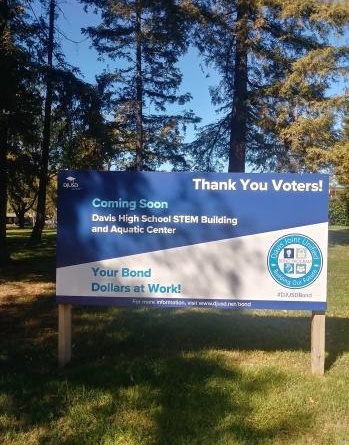 A sign on the Davis High campus thanking voters