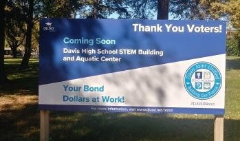 A sign on the Davis High campus thanking voters