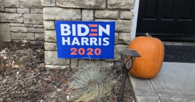 Biden Harris sign sits in front of a house