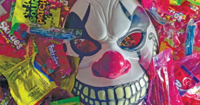 Halloween mask surrounded by candy