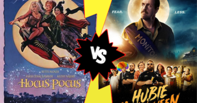 The classic Hocus Pocus movie poster is displayed next to the Hubie Halloween movie poster with a comic book style versus symbol between them. Which movie is better?