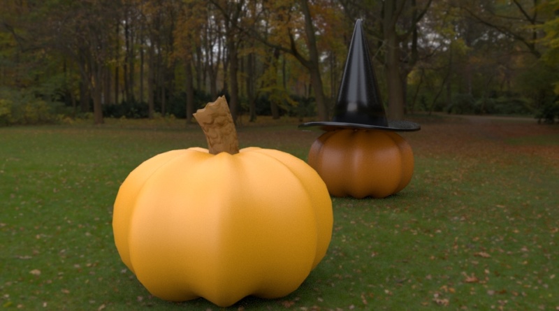 Two pumpkins sit next to each other in a field with trees behind. The trees have orange leaves indicating that it is autumn. One pumpkin has a witch hat. The graphic is 3D modeled and is in a cartoony style.