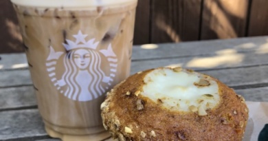 An iced coffee from Starbucks and a pumpkin muffin sit on a Starbucks paper bag on a wooden table.