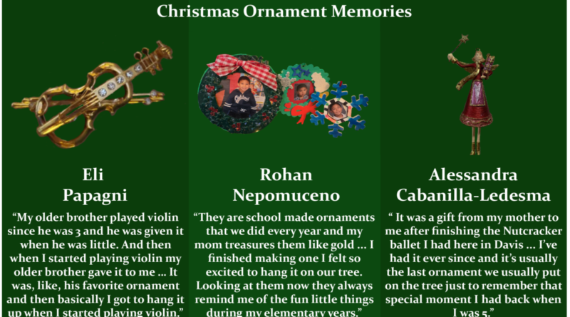 Infographic with images and descriptions of Christmas tree ornaments